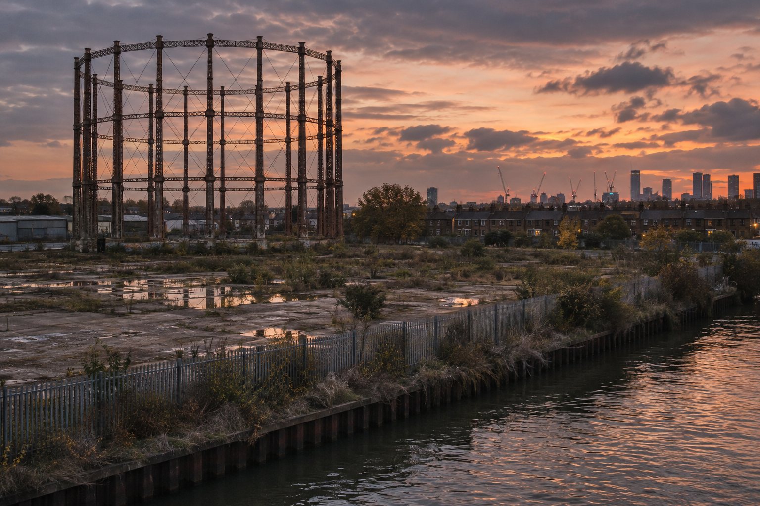 The gasworks site at dusk. The iron frame of the last holder would stay, with a park inside it.