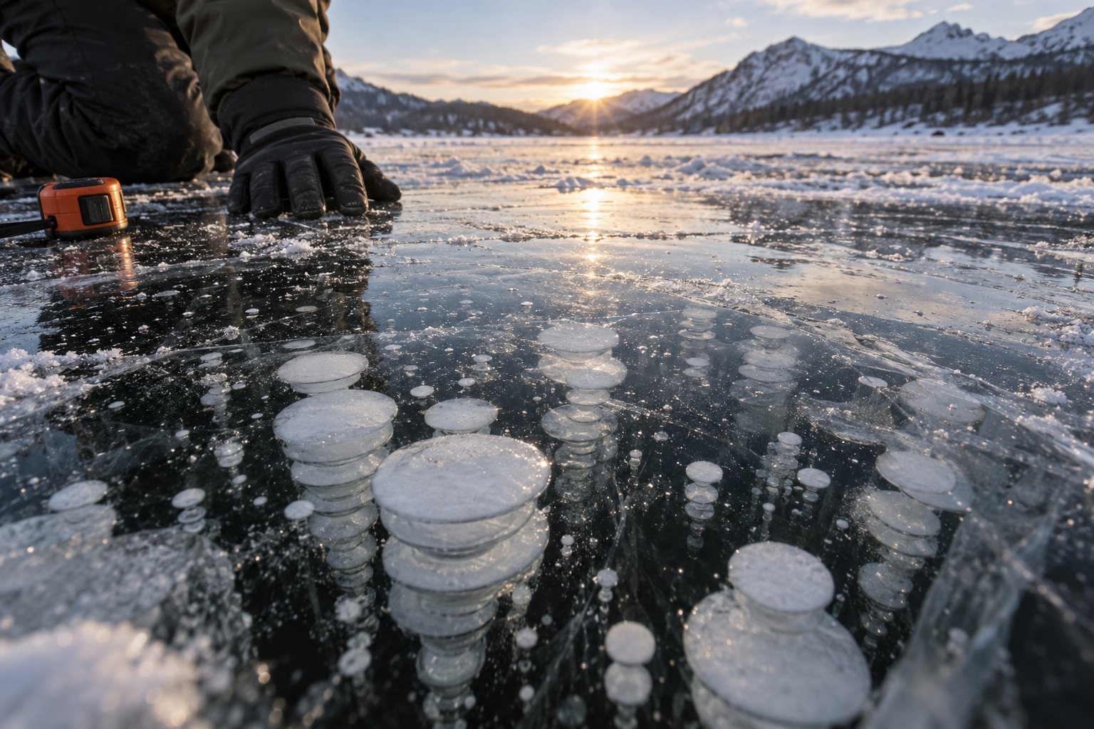 Methane bubbles trapped in layers of black ice on Lake Merrow. Each layer is a few days of the marsh breathing out.
