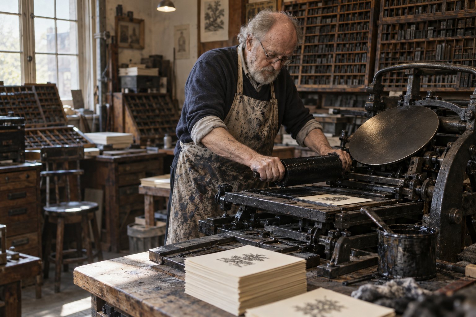 Elspeth Calder inks the 1958 platen press. Each colour on a card is a separate run through the machine.