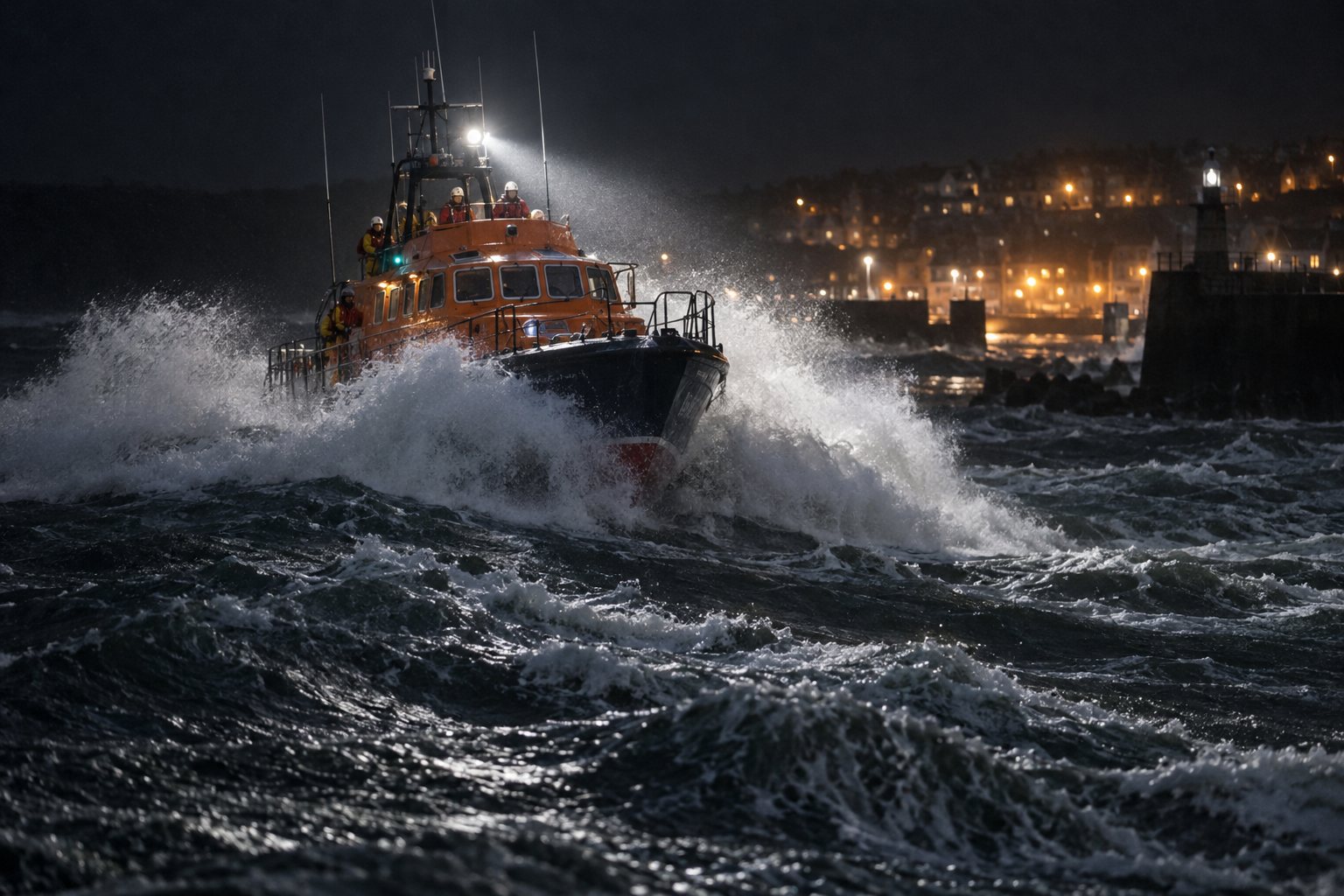 The inshore lifeboat on exercise in the bay. All of its crew are volunteers.
