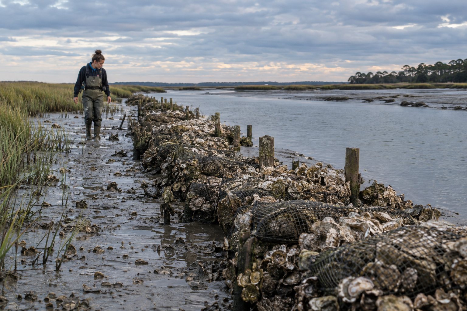 A living reef at low tide on the Merrow estuary. Mesh bags of recycled shell give young oysters something to grow on.