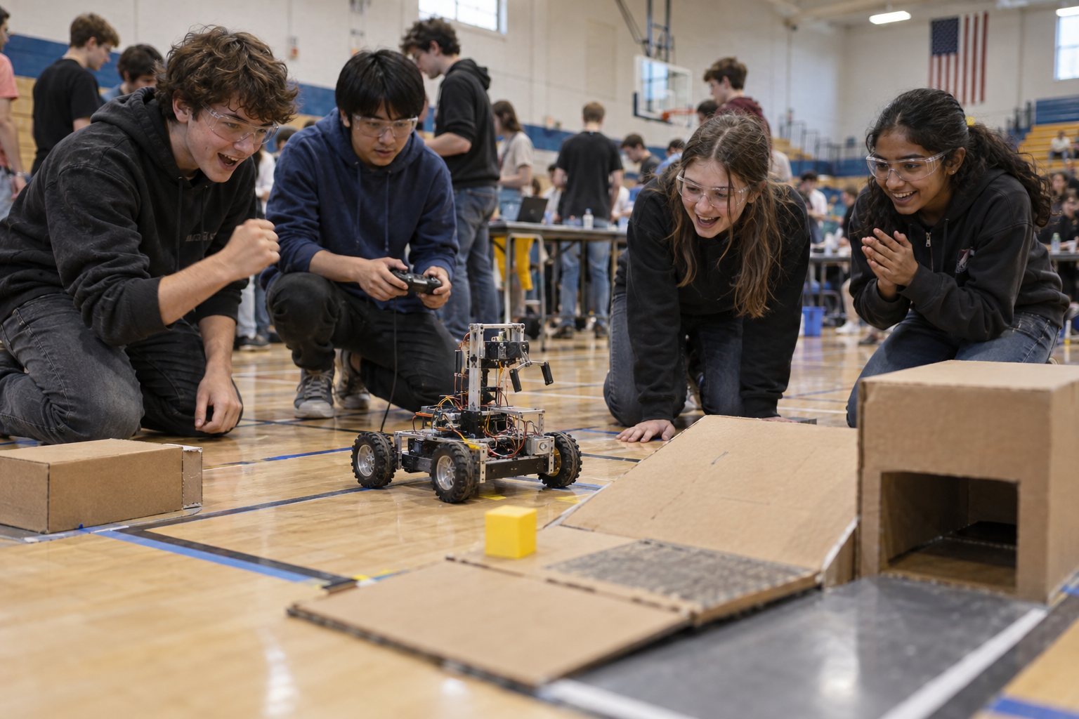 Ashgrove Academy's robot, built from a vacuum cleaner motor and a cereal box.