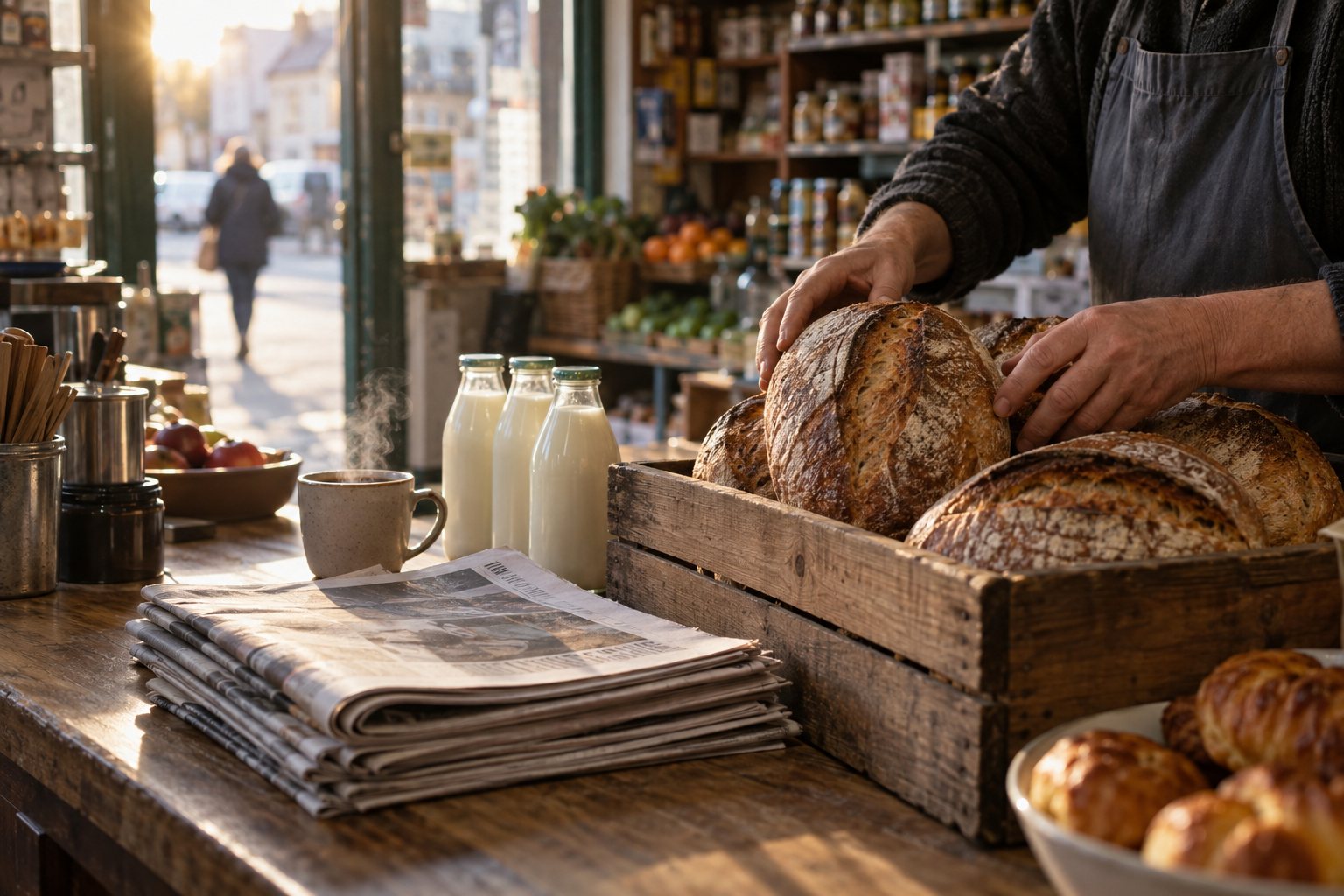 The morning delivery at a shop on Alder Road. The loaves arrive before the newspapers.