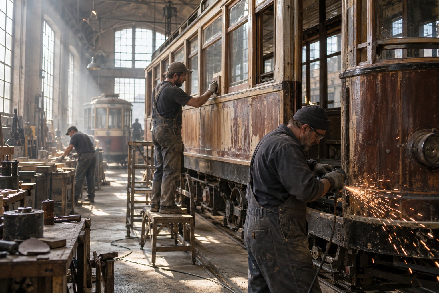 Tram 11 in the depot. Volunteers say it will carry passengers again in the spring.